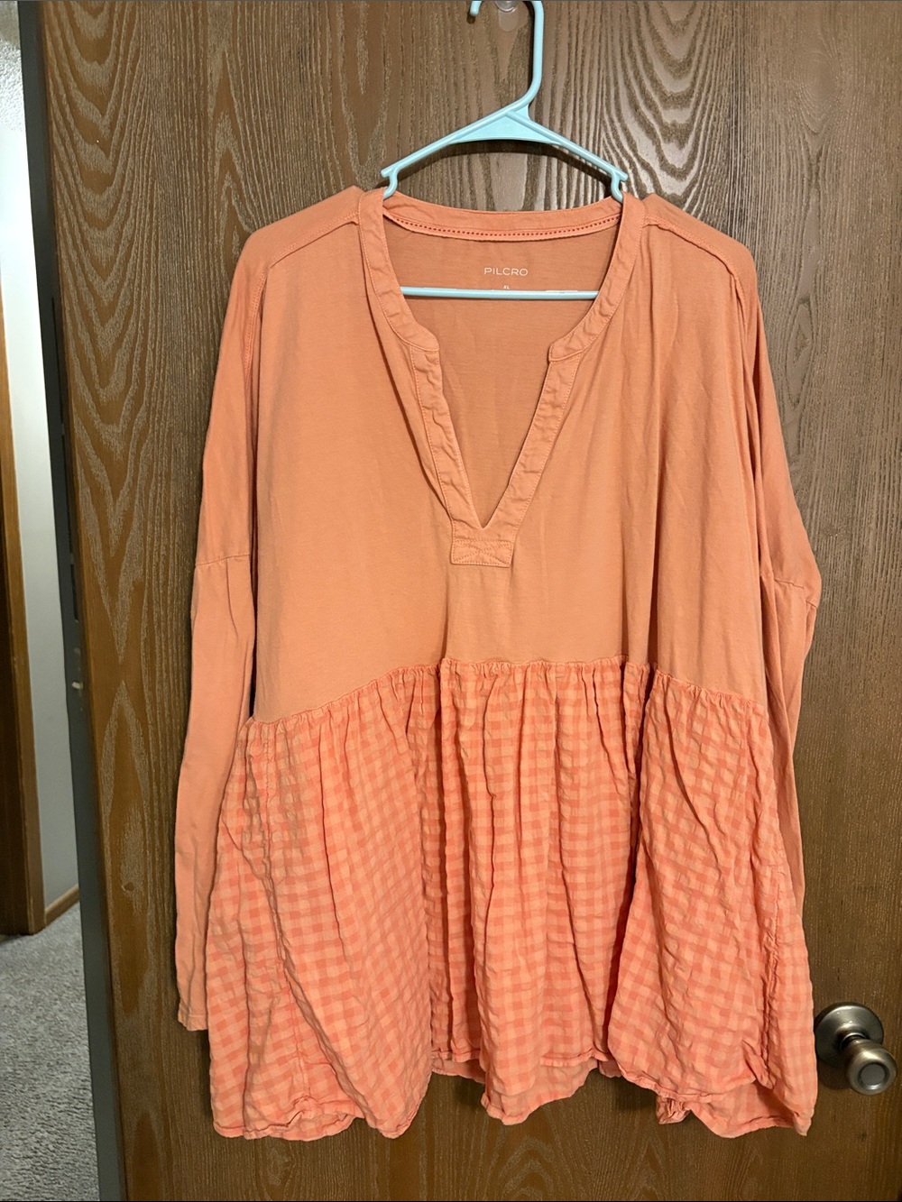 Pilcro Coral Peplum Tunic with plaid bottom